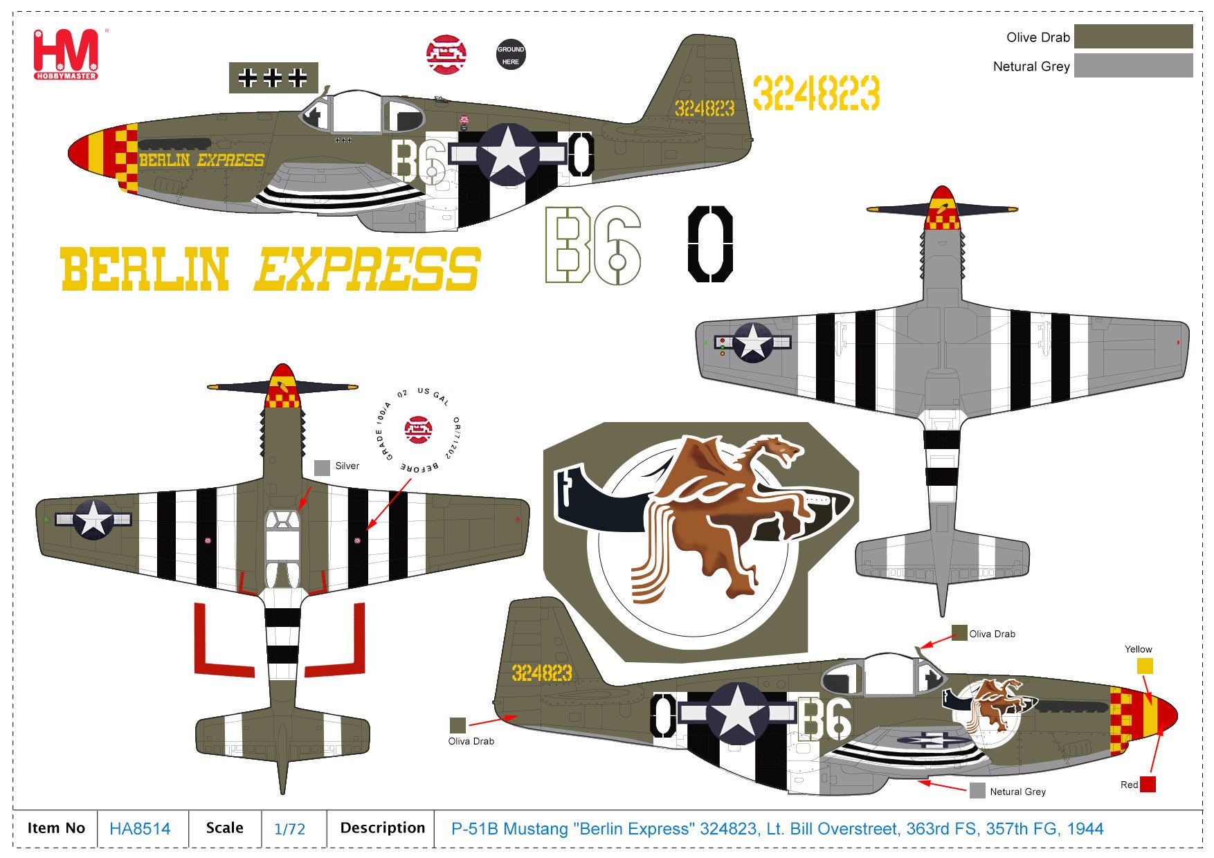 North American P-51B Mustang 363rd Fighter Squadron 1944, 1:48 Scale Diecast Model Markings