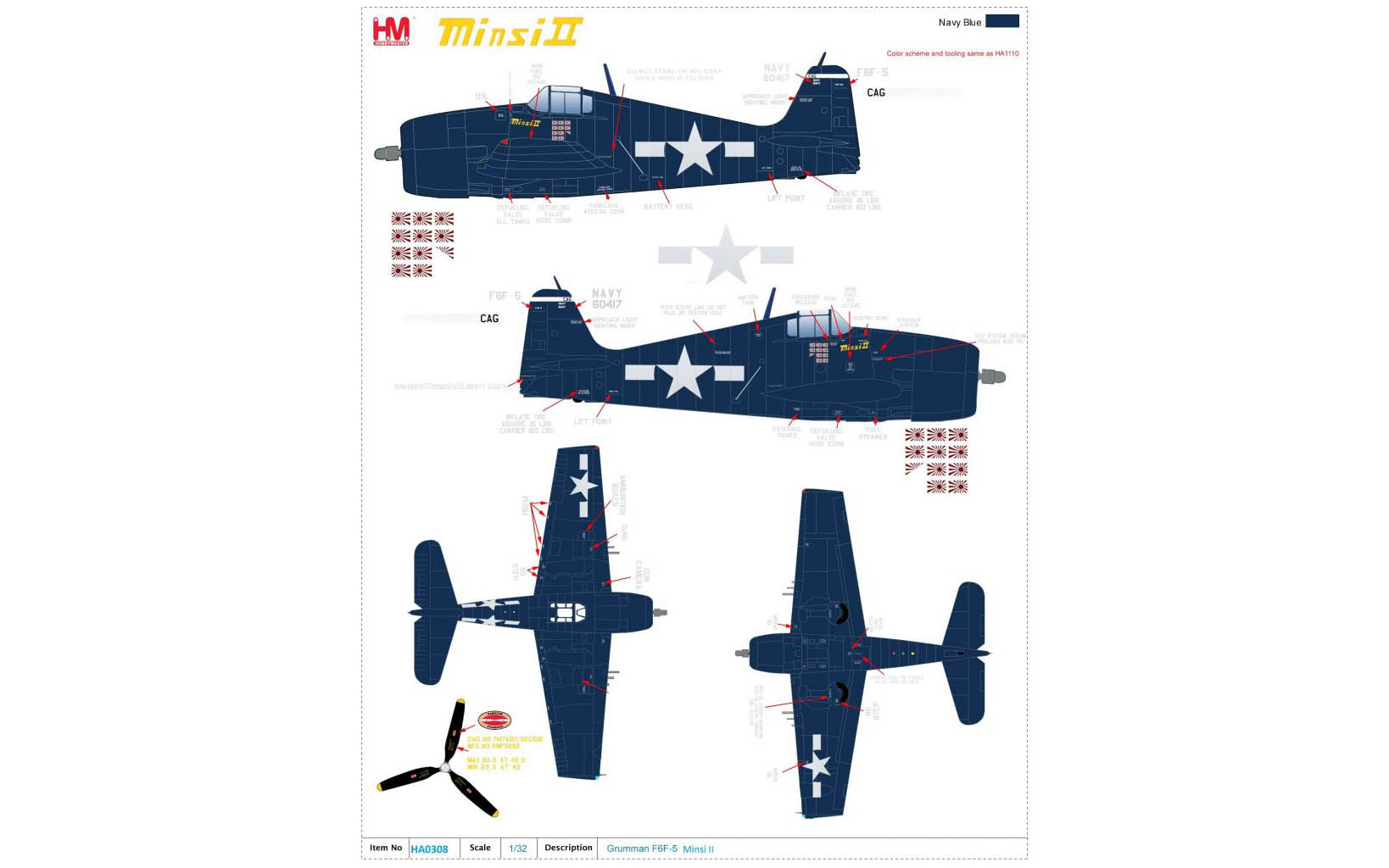 Grumman F6F-5 Hellcat “Minsi II” USS Essex 1944, 1/32 Scale Diecast Model Markings Illustration