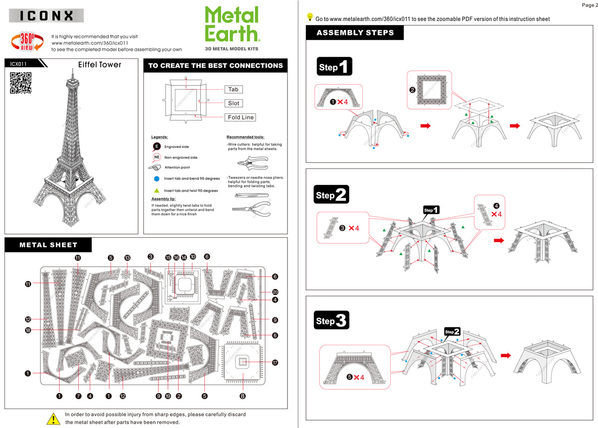 Eiffel Tower Metal Earth Iconx Model Kit Instructions Page 1