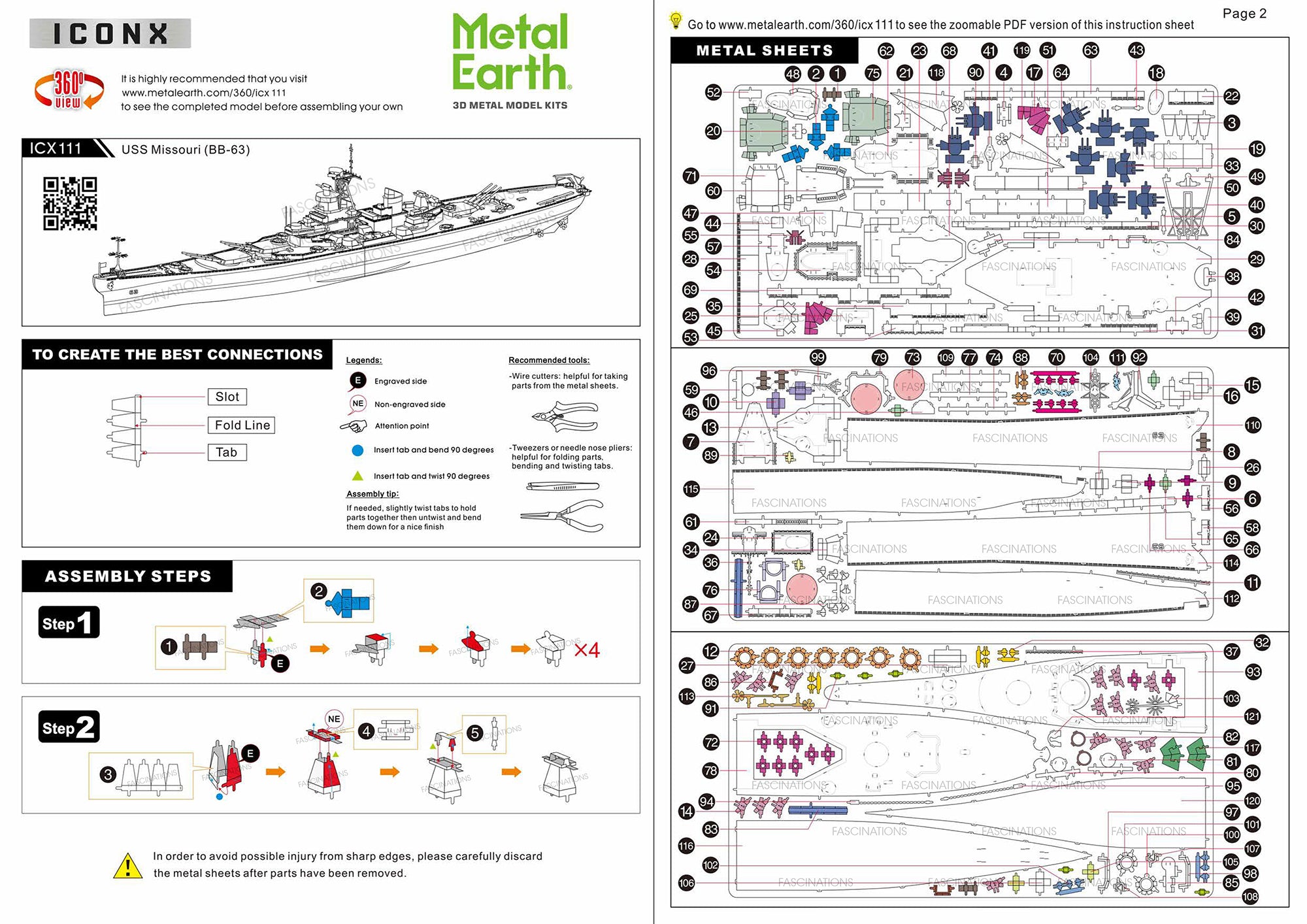 USS Missouri BB-63 Metal Earth Iconx Model Kit Instructions Page 1 & 2