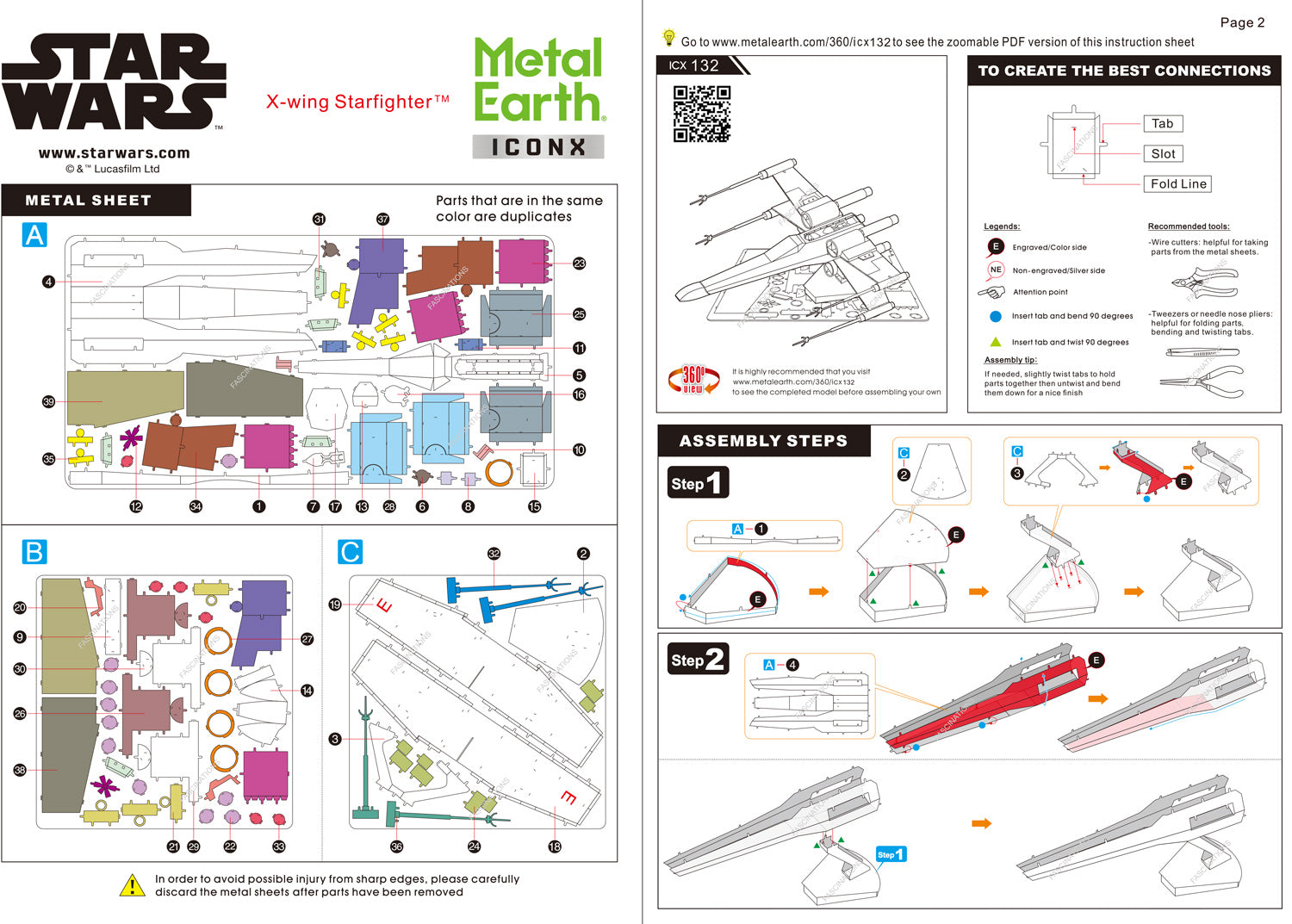 Star Wars X-Wing Starfighter Metal Earth Iconx Model Kit Instructions Page 1 & 2