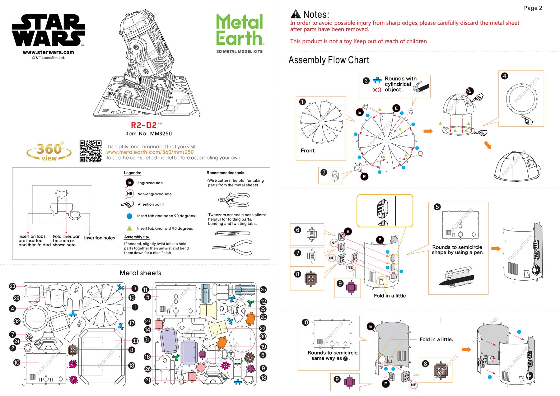 Star Wars R2-D2 Metal Earth Model Kit  Instructions Page 1 & 2