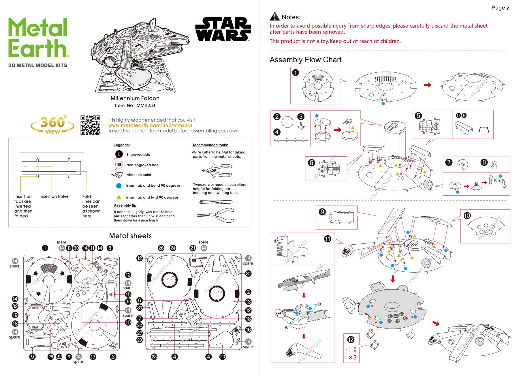 Star Wars Millennium Falcon Metal Earth Model Kit Instructions Page 1 & 2