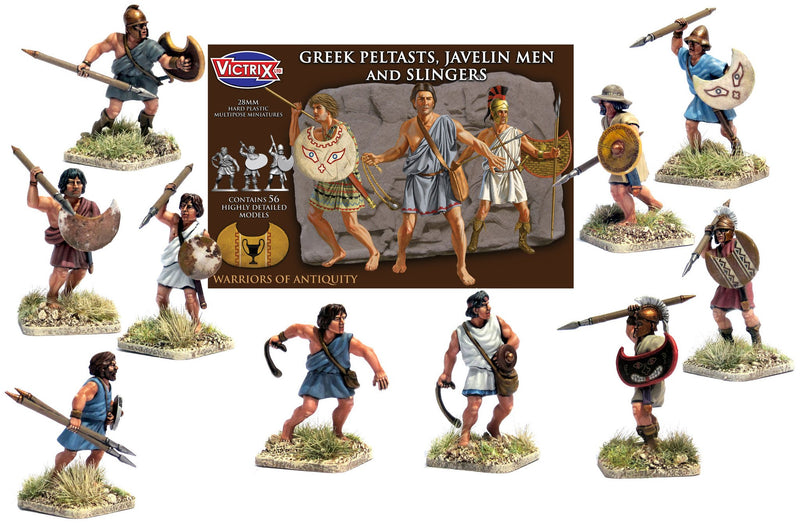 Greek Peltasts, Javelin Mean and Slingers, 28 mm Scale Model Plastic Figures Example Painted Figures