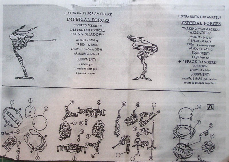 Space Battles Walker Warmachine “Armadill” & Destroyer Cyborg “Long Shadow” W/ 17 Figures 1/72 Scale Model Kit Instructions Page 1