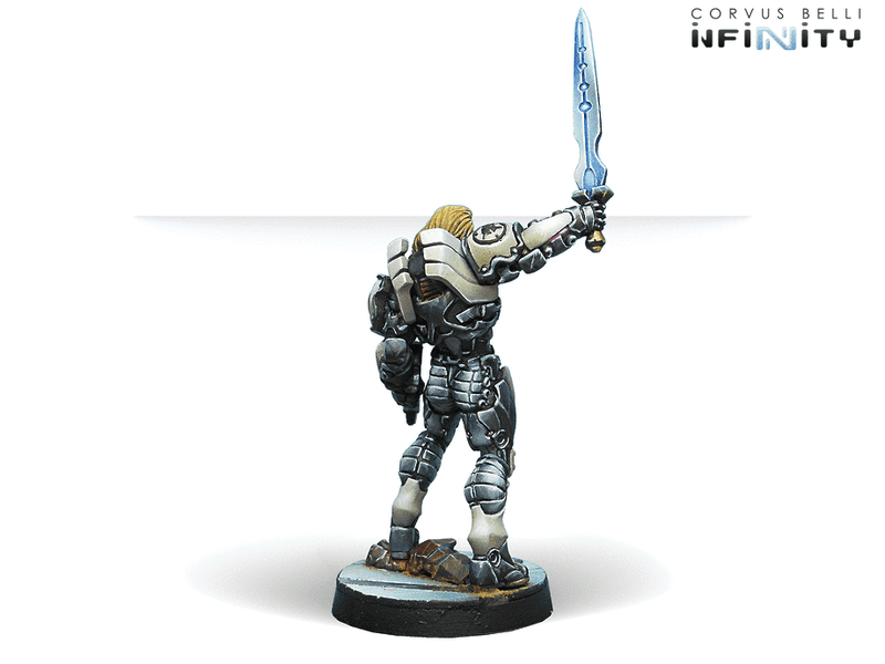 Infinity ALEPH Achilles v2 (Hoplite Armor) (Multi Rifle, CCW) Miniature Game Figure Rear View
