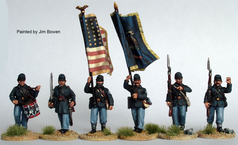 American Civil War Union Infantry Command Advancing, 28 mm Scale Model Metal Figures