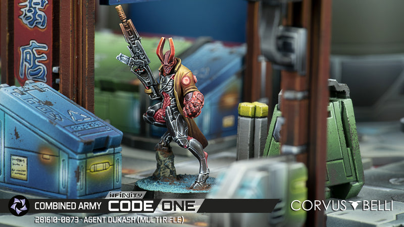 Infinity CodeOne Combined Army Agent Dukash (MULTI Rifle) Miniature Game Figure In Game