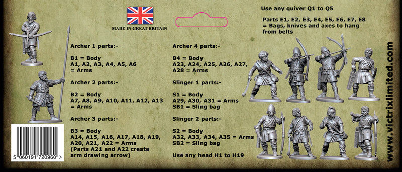 Dark Age Archers And Slingers, 28 mm Scale Model Plastic Figures Back Of Label