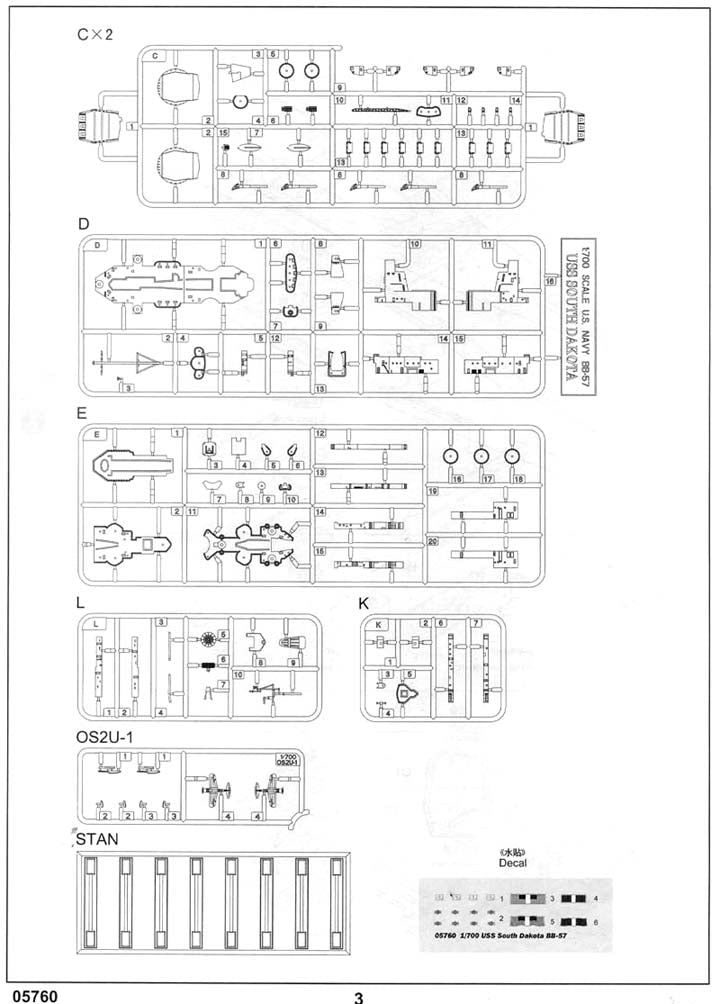 USS South Dakota Battleship BB-57, 1:700 Scale Model Kit Instructions Page 3