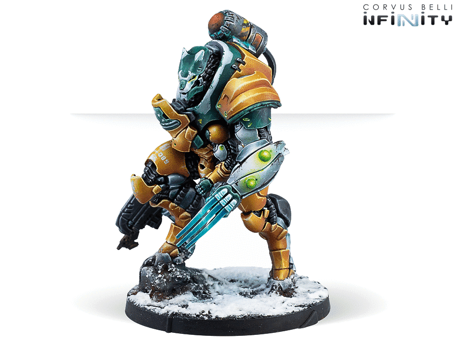 Infinity CodeOne Yu Jing Blue Wolf Mongol Cavalry (TAG) Miniature Game Figure Side View