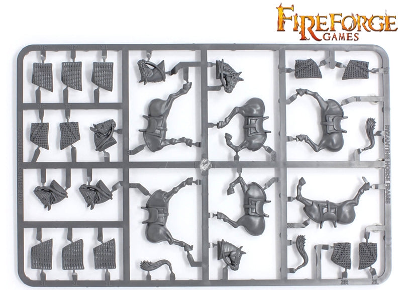 Fireforge Byzantine horse frame showing parts for three unbarded wargaming horses.
