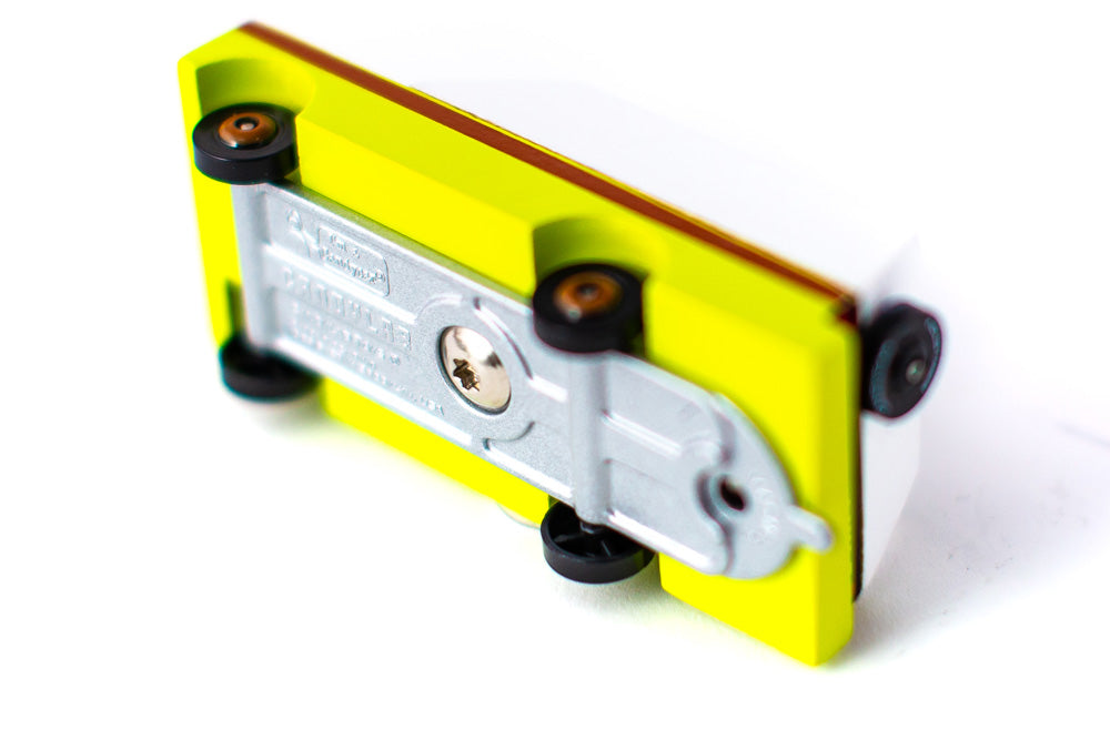 Candylab Toys Everglades Mule Wooden Vehicle – Underside Showing Metal Chassis and Wheels