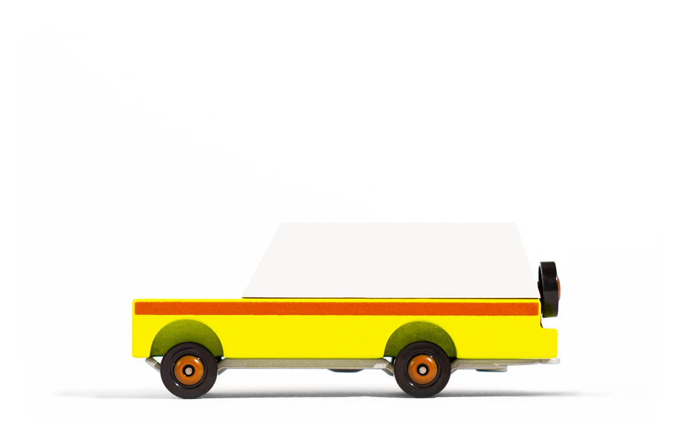 Candylab Toys Everglades Mule Wooden Vehicle – Side View Showing Bright Yellow-Green Body