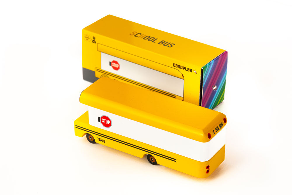 Candylab Toys School Bus Wooden Vehicle – Rear Angle Showing Tail Lights and Branding