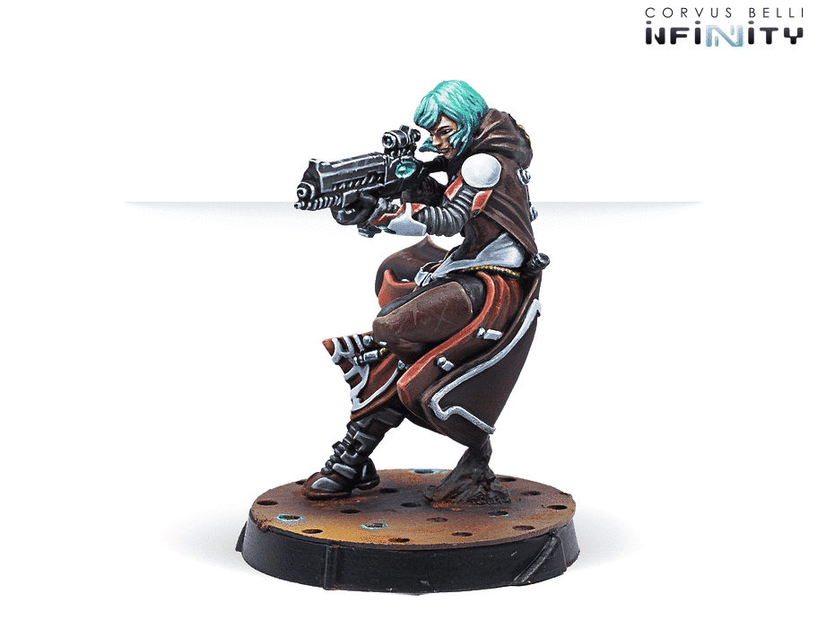 Infinity Nomads Cassandra Kusanagi (Spitfire) Miniature Game Figure Side View