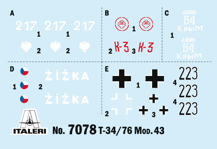 T-34/76 1943 Tank 1/72 Scale Model Kit Decals