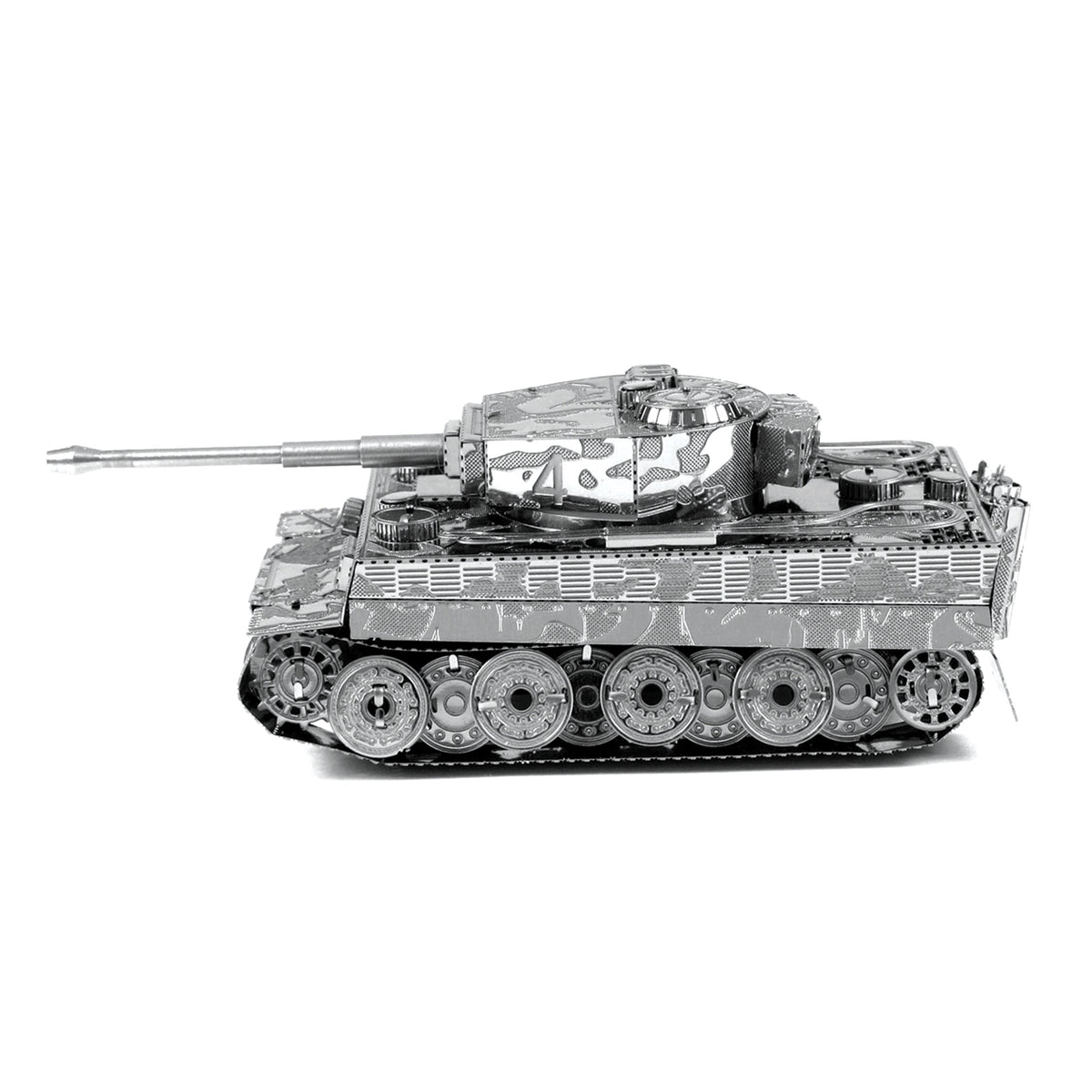 Left side angle of the Fascinations Tiger I metal miniature tank with photo etched surface details 
