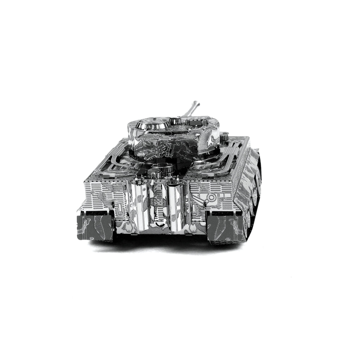 Rear view of the assembled Metal Earth Tiger I tank model showing twin exhaust shields 