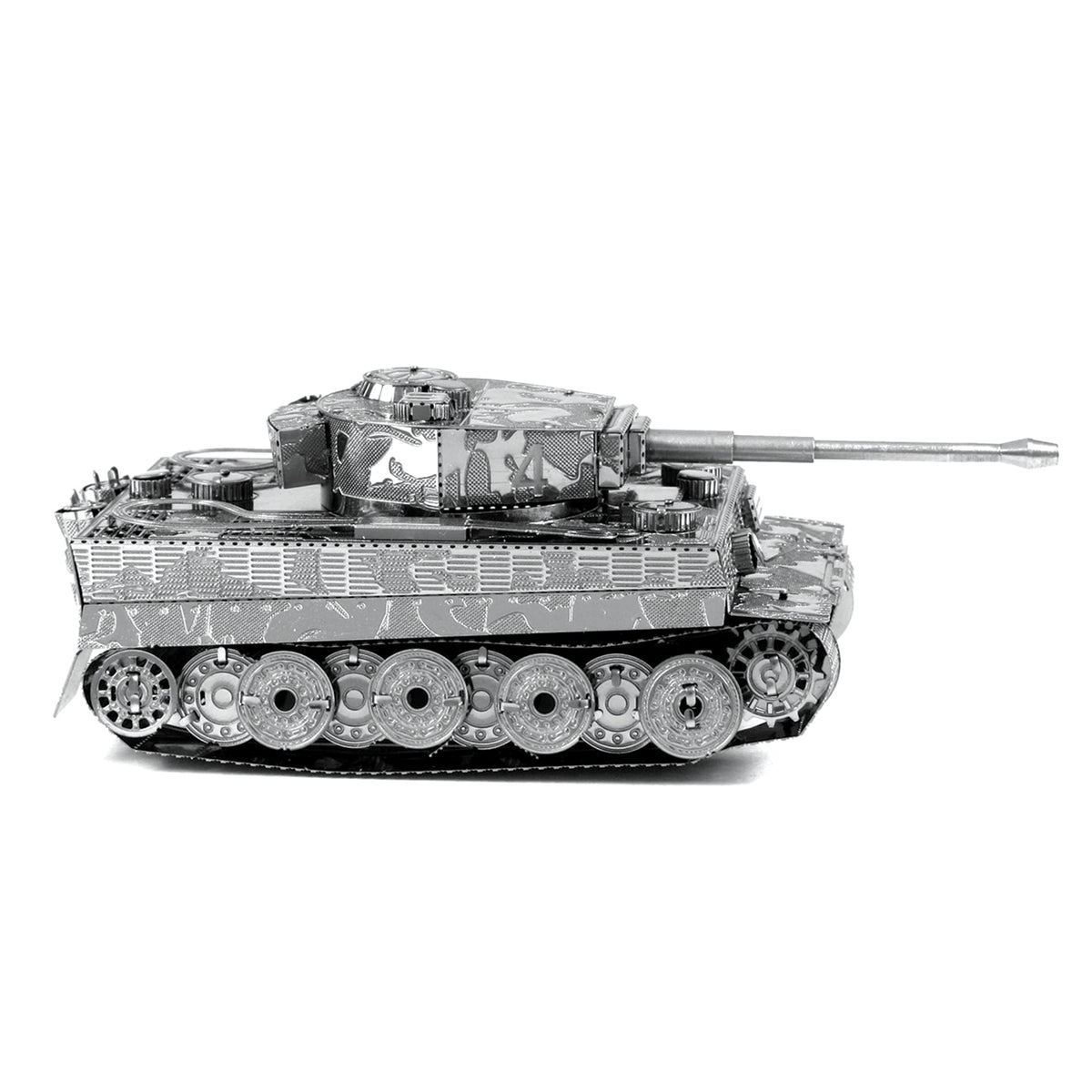 Assembled Metal Earth Tiger I heavy tank showing road wheels and 88mm main gun 
