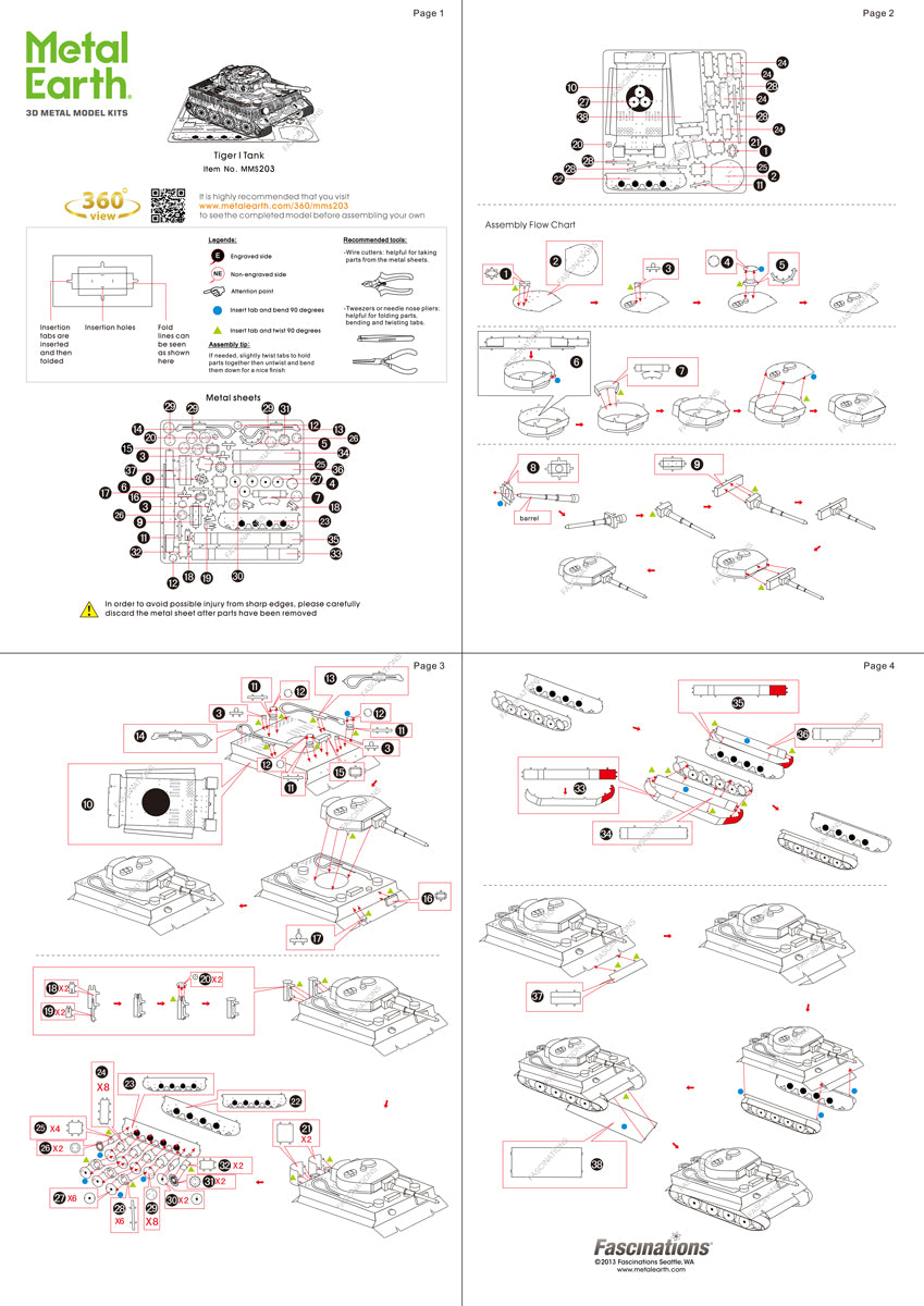 Assembly instruction sheet and parts layout diagram for Metal Earth Tiger I Tank MMS203 