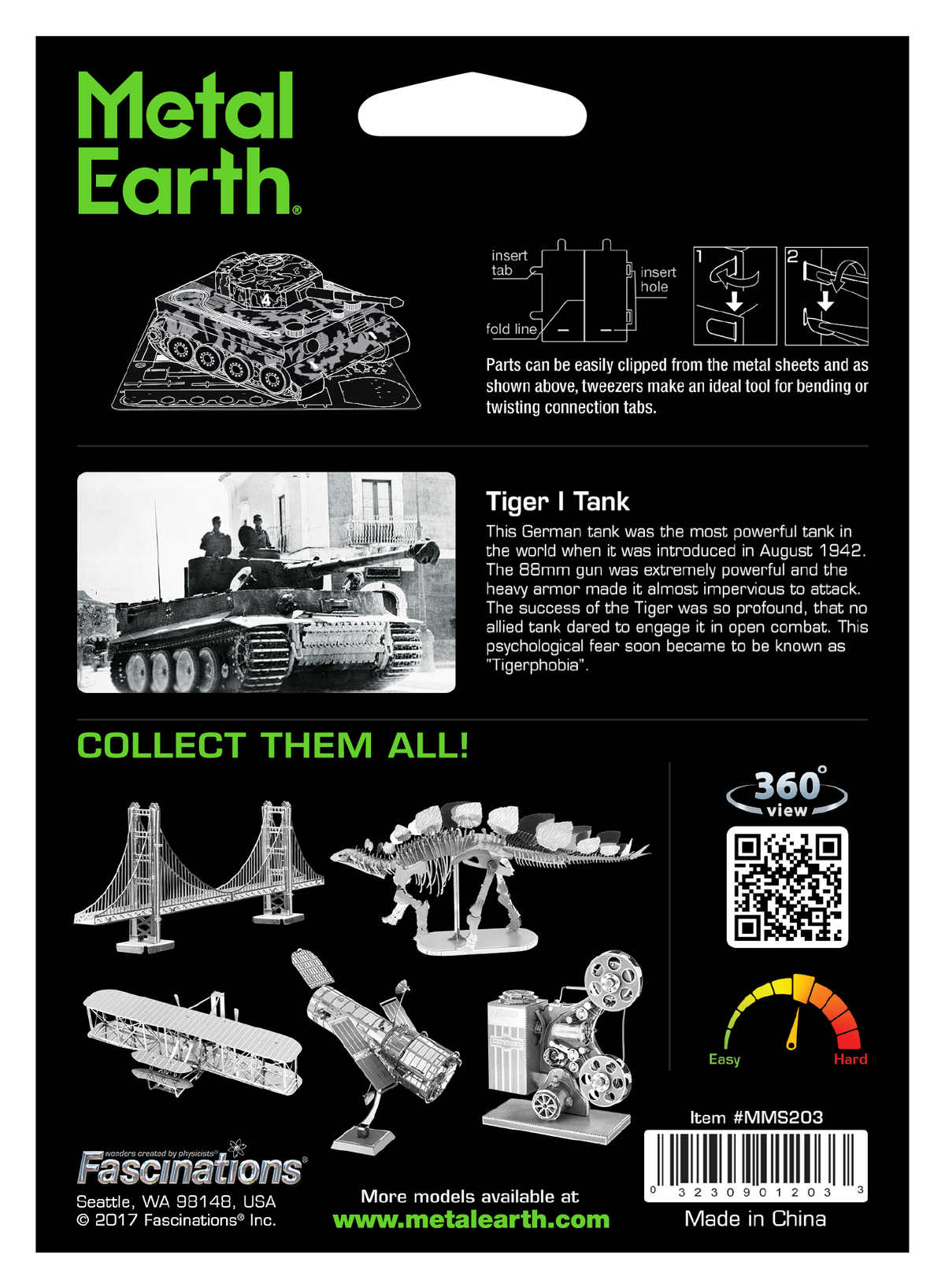 Retail packaging back of Metal Earth Tiger I Tank showing specifications and difficulty meter 

