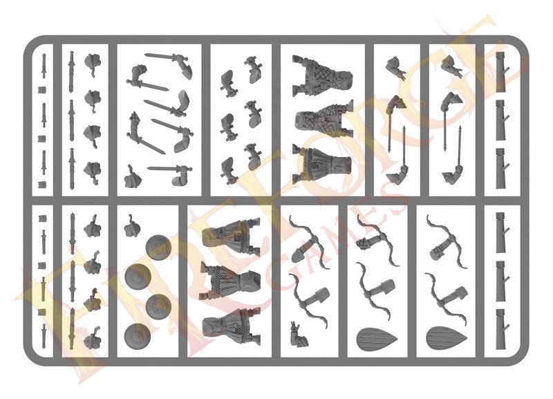 Front view of Fireforge Games Berber Infantry plastic sprue showing bodies, heads, bows, and swords