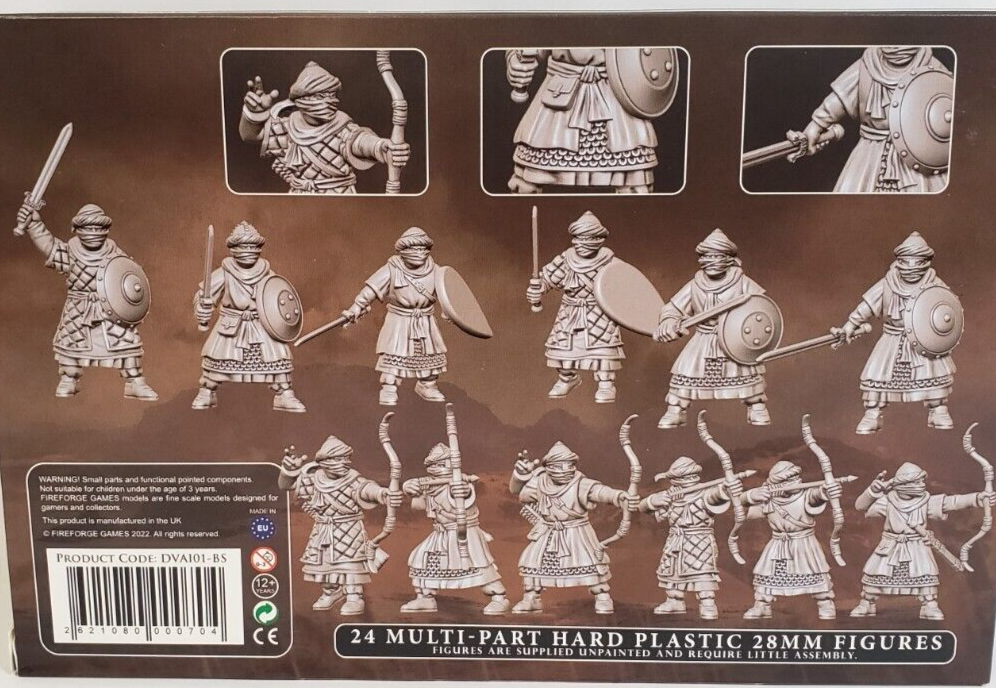 Rear of Fireforge Games Berber Infantry box showing 24 multi-part plastic figures in archer and swordsman poses