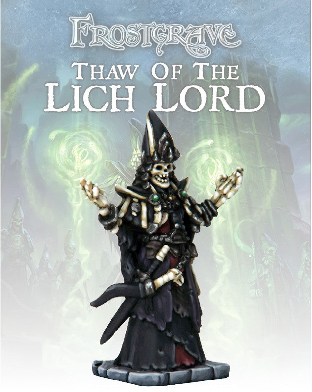 Frostgrave Lich Lord painted 28mm miniature with skeletal armor and magical backdrop