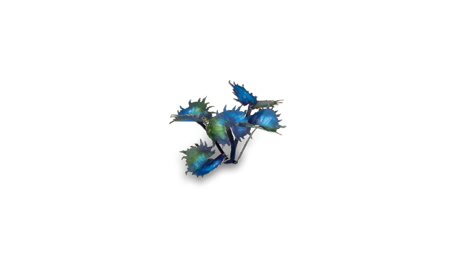 Detailed macro shot of glowing blue GamersGrass Alien Flytrap laser-cut leaves.