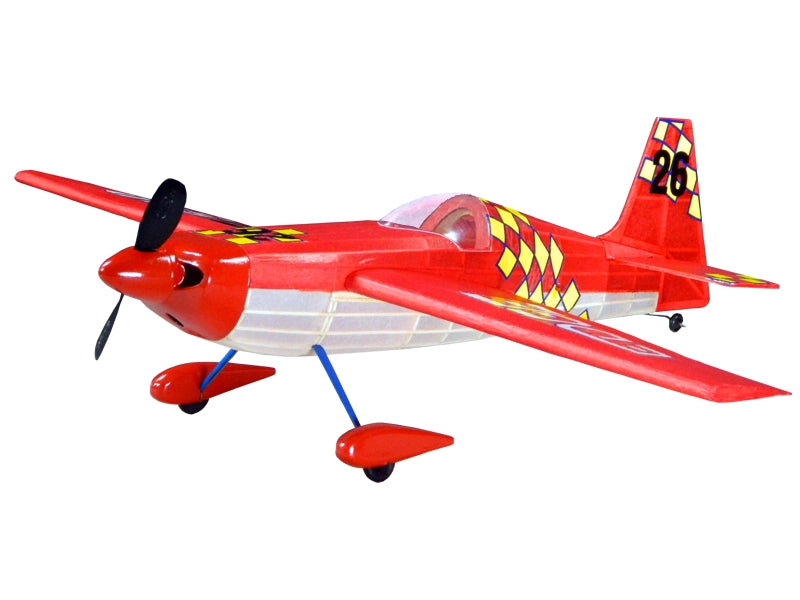Assembled red and white Guillow's Zivko Edge 540 balsa wood model airplane on display.