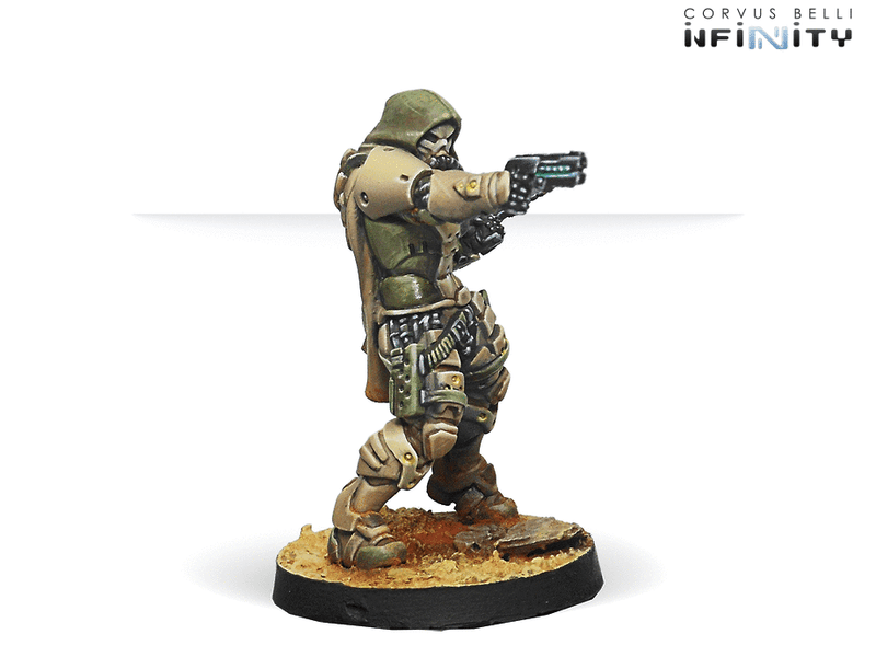 Infinity Haqqislam Hassassin Ayyar (Viral Pistols) Miniature Game Figure Front Quarter View