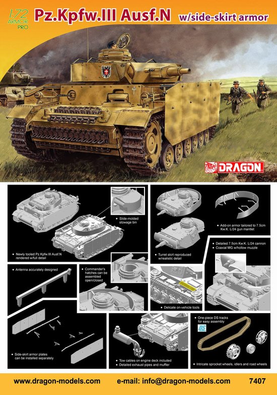 Pz.Kpfw.III Ausf.N w/Side-skirt Armor 1/72 Scale Model Kit By Dragon Models