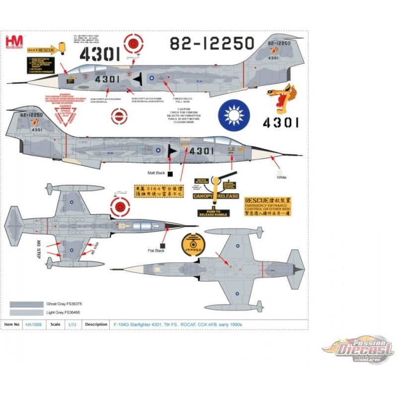 Lockheed F-104G Starfighter 7th TFS Republic of China Air Force 1991, 1:72 Scale Diecast Model Markings
