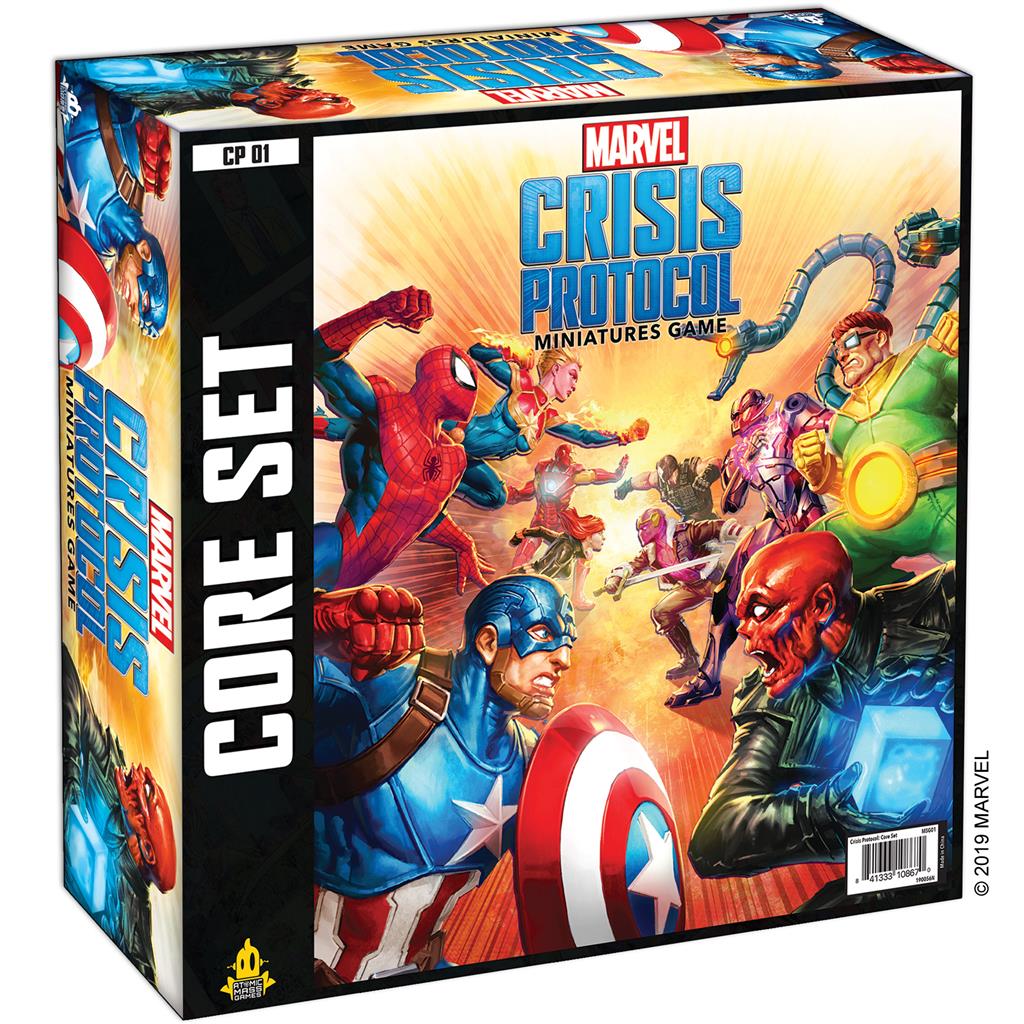 Marvel Crisis Protocol Core Set CP01 official box art featuring Spider-Man and Captain America 
