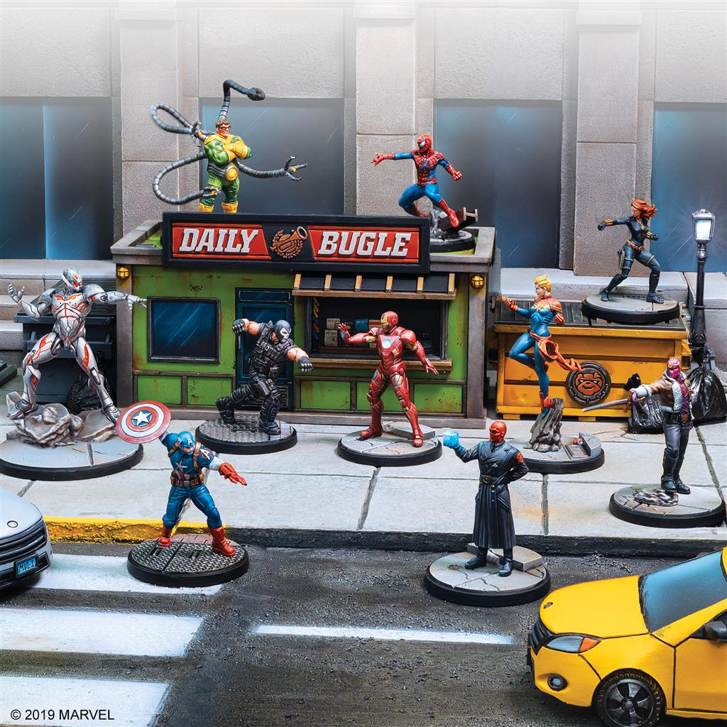 Assembled Marvel Crisis Protocol miniatures in NYC terrain including Daily Bugle stand and cars for tactical skirmish gameplay