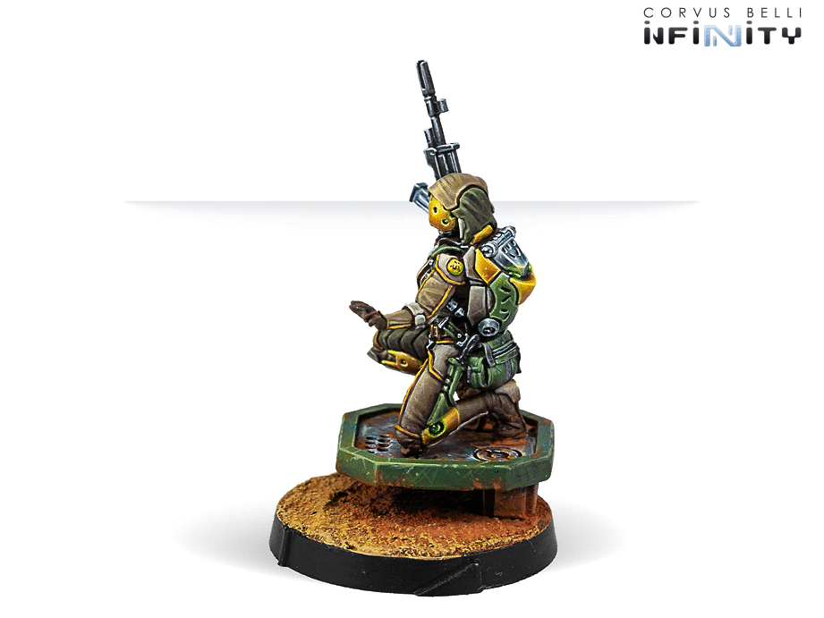 Infinity Haqqislam Mukthar, Active Response Unit (Hacker) Miniature Game Figure Side View