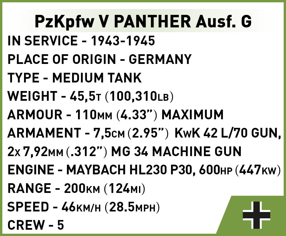 Panzer V Ausf. G Panther Tank, 298 Piece Block Kit Technical Information