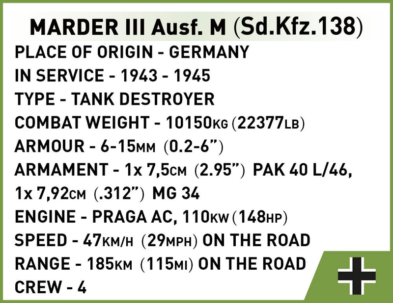 Sd.Kfz 138 Marder III Ausf. M Tank Destroyer, 367 Piece Block Kit Technical Information
