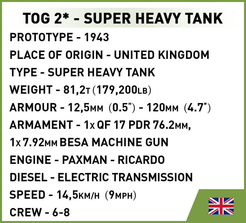 TOG 2 Super Heavy Tank, 1225 Piece Block Kit  Technical Information
