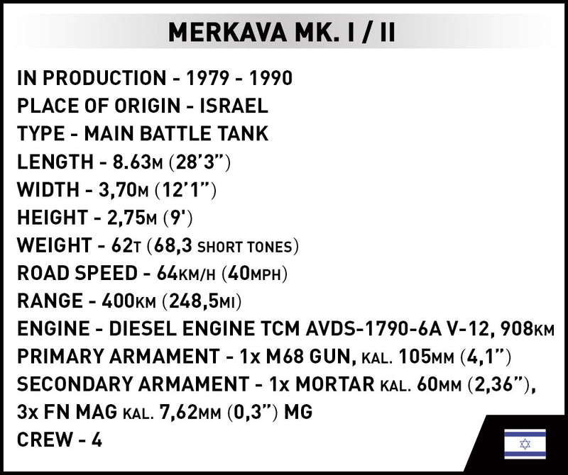 Merkava Mk. I/II Main Battle Tank, 825 Piece Block Kit Technical Info