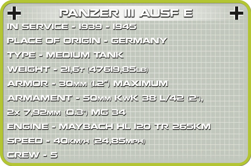 Panzer III Ausf. E Tank, 290 Piece Block Kit Technical Information
