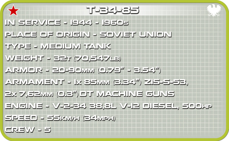 T-34/85 Tank, 668 Piece Block Kit Technical Data