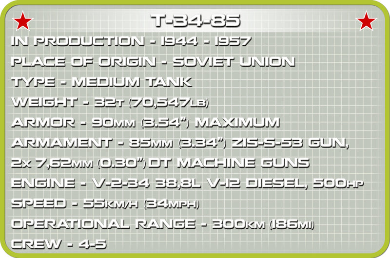 T-34/85 Soviet Tank, 273 Piece Block Kit Technical Data
