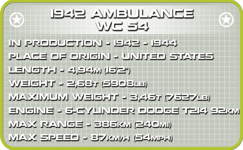1942 Ambulance WC 54, 293 Piece Block Kit Technical Information