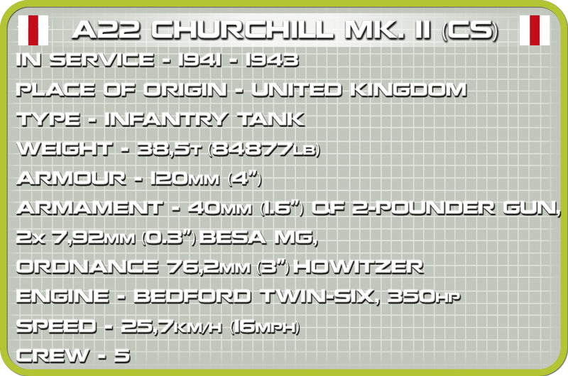 A22 Churchill MK. II Tank, 301 Piece Block Kit Technical Information