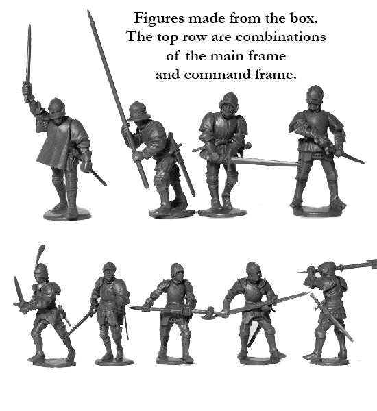 Assembled 28mm plastic Foot Knights using main and command frame combinations