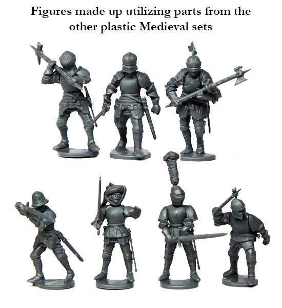 Assembled 28mm Foot Knights utilizing parts from other Perry medieval plastic sets