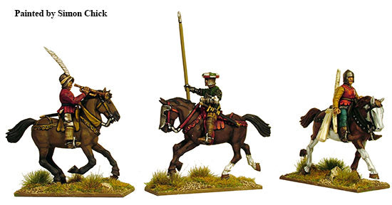 Painted 28mm plastic mounted crossbowman and trumpeter by Simon Chick