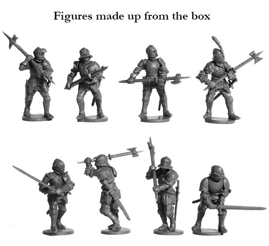 Assembled 28mm plastic Foot Knights with poleaxes, polehammers, and swords